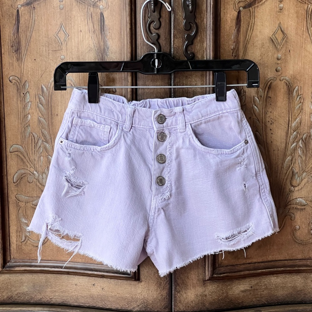 Zara Girls Pastel Purple Denim Shorts Distressed Snap Button Front Sz 9/10 - Picture 3 of 16